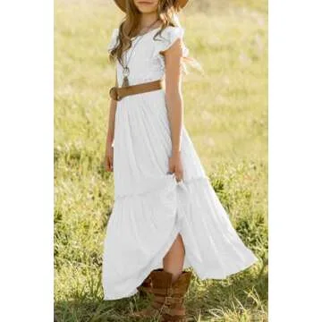 MITILLY Girls Lace Flower Ruffle Sleeve A-Line Swing Wedding Party Long Maxi Dress with Pockets 6 Years White