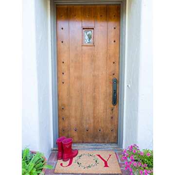KAF Home Holiday Coir Doormat with Heavy-Duty, Weather Resistant, Non-Slip PVC Backing | 17 by 30 Inches, 0.6 Inch Pile Height | Perfect for Indoor and Outdoor Use (Joy Wreath)