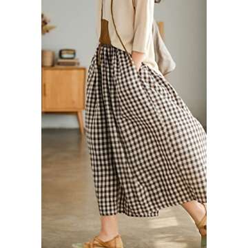 chouyatou Women's Cotton Linen Pants Elastic Waist Plaid Gingham Wide Leg Capri Palazzo Pants (X-Sma...
