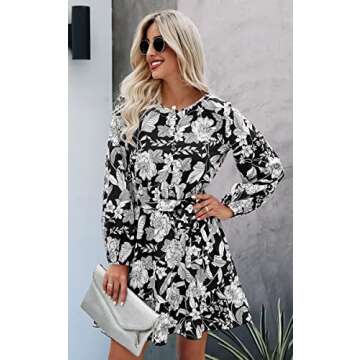 Angashion Womens Dresses Casual Floral Print Long Sleeve Swing Pleated Skater A Line Mini Dress