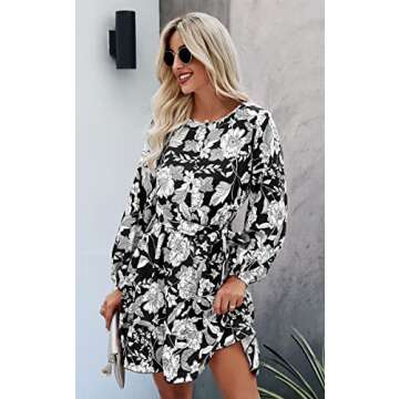 Angashion Womens Dresses Casual Floral Print Long Sleeve Swing Pleated Skater A Line Mini Dress