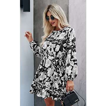 Angashion Womens Dresses Casual Floral Print Long Sleeve Swing Pleated Skater A Line Mini Dress
