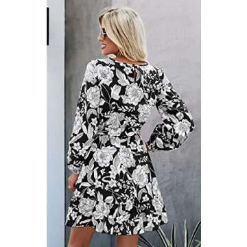 Angashion Womens Dresses Casual Floral Print Long Sleeve Swing Pleated Skater A Line Mini Dress