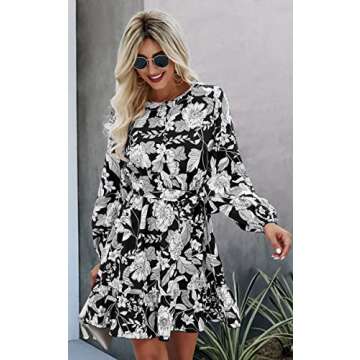 Angashion Womens Dresses Casual Floral Print Long Sleeve Swing Pleated Skater A Line Mini Dress