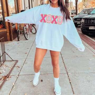 Yiulangde XOXO Valentine's Day Chenille Sweatshirt Casual Holiday Mardi Gras Outfit Sparkly Shirt To...