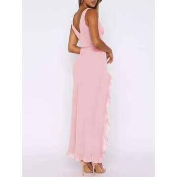 MIYIEONZ Women Sexy V Neck Sleeveless Mesh Ruffle Hem Bodycon Maxi Dress Y2K Backless High Slit Cock...