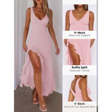 MIYIEONZ Women Sexy V Neck Sleeveless Mesh Ruffle Hem Bodycon Maxi Dress Y2K Backless High Slit Cocktail Party Club Dress Light Pink