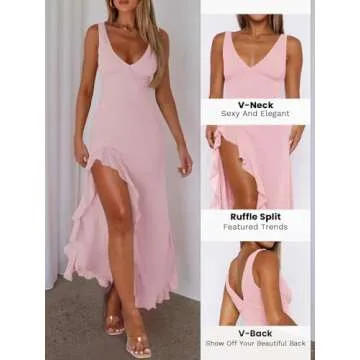 MIYIEONZ Women Sexy V Neck Sleeveless Mesh Ruffle Hem Bodycon Maxi Dress Y2K Backless High Slit Cocktail Party Club Dress Light Pink