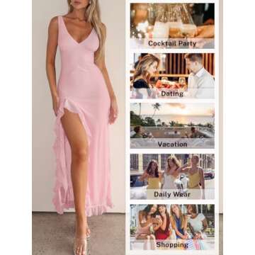 MIYIEONZ Women Sexy V Neck Sleeveless Mesh Ruffle Hem Bodycon Maxi Dress Y2K Backless High Slit Cocktail Party Club Dress Light Pink