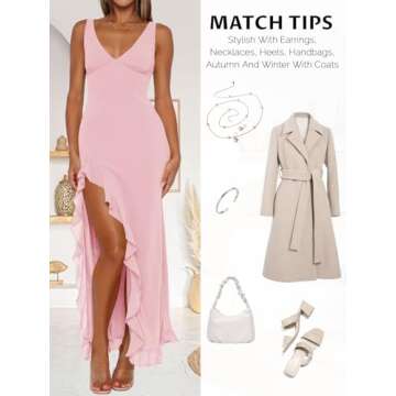 MIYIEONZ Women Sexy V Neck Sleeveless Mesh Ruffle Hem Bodycon Maxi Dress Y2K Backless High Slit Cocktail Party Club Dress Light Pink