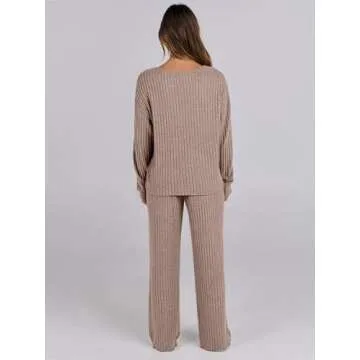 ANRABESS Women 2 Piece Lounge Pajamas Sets Casual Ribbed Knit Long Sleeve Top Pants Matching Set 2025 Fall Outfits Clothes Khaki Large