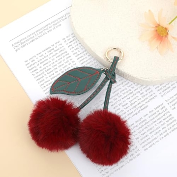 Cute Cherry Keychain - Fluffy Pom Pom Accessory for Gifts