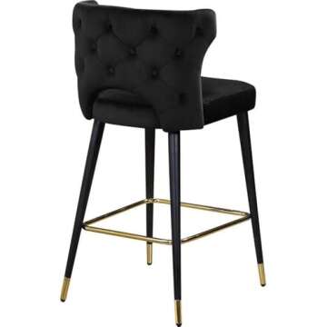 Meridian Furniture 791Black-C Kelly Collection Modern | Contemporary Velvet Upholstered Counter Height Stool with Gold Tipped, Black Metal Legs, Black, 22" W x 19" D x 38.5" H, Set of 2