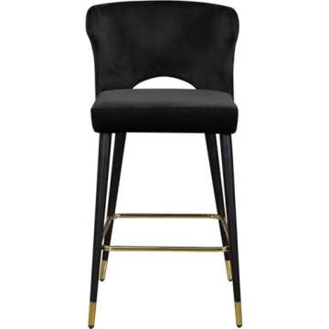 Meridian Furniture 791Black-C Kelly Collection Modern | Contemporary Velvet Upholstered Counter Height Stool with Gold Tipped, Black Metal Legs, Black, 22" W x 19" D x 38.5" H, Set of 2