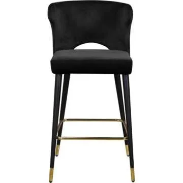 Meridian Furniture 791Black-C Kelly Collection Modern | Contemporary Velvet Upholstered Counter Height Stool with Gold Tipped, Black Metal Legs, Black, 22" W x 19" D x 38.5" H, Set of 2