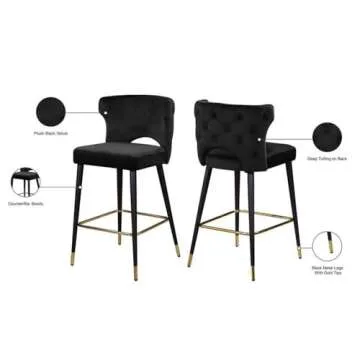 Meridian Furniture 791Black-C Kelly Collection Modern | Contemporary Velvet Upholstered Counter Height Stool with Gold Tipped, Black Metal Legs, Black, 22" W x 19" D x 38.5" H, Set of 2