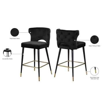 Meridian Furniture 791Black-C Kelly Collection Modern | Contemporary Velvet Upholstered Counter Height Stool with Gold Tipped, Black Metal Legs, Black, 22" W x 19" D x 38.5" H, Set of 2