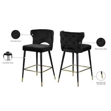 Meridian Furniture 791Black-C Kelly Collection Modern | Contemporary Velvet Upholstered Counter Height Stool with Gold Tipped, Black Metal Legs, Black, 22" W x 19" D x 38.5" H, Set of 2