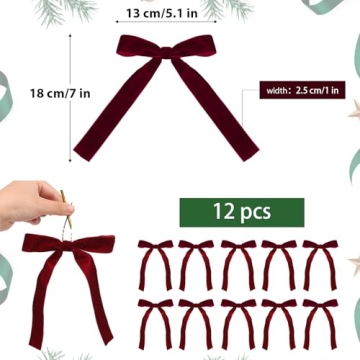 Burgundy Velvet Christmas Tree Bows - 12pcs Set