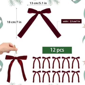 Burgundy Velvet Christmas Tree Bows - 12pcs Set