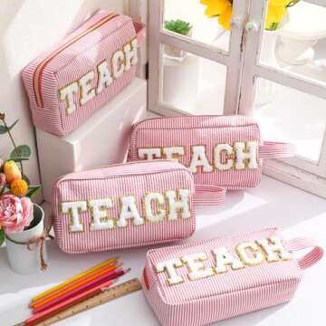 4 Pcs Teacher Appreciation Gifts Teacher Chenille Letter Bags Preppy Patch Makeup Bag Teach Letter Cosmetic Bag Stripe Toiletry Cosmetic Case Travel Zipper Pouch