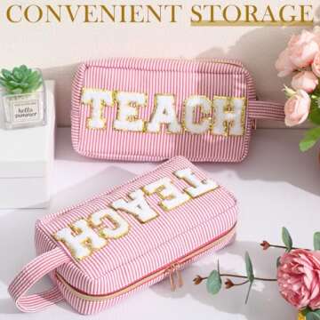 4 Pcs Teacher Appreciation Gifts Teacher Chenille Letter Bags Preppy Patch Makeup Bag Teach Letter Cosmetic Bag Stripe Toiletry Cosmetic Case Travel Zipper Pouch