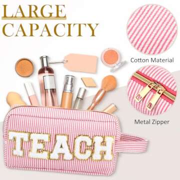 4 Pcs Teacher Appreciation Gifts Teacher Chenille Letter Bags Preppy Patch Makeup Bag Teach Letter Cosmetic Bag Stripe Toiletry Cosmetic Case Travel Zipper Pouch