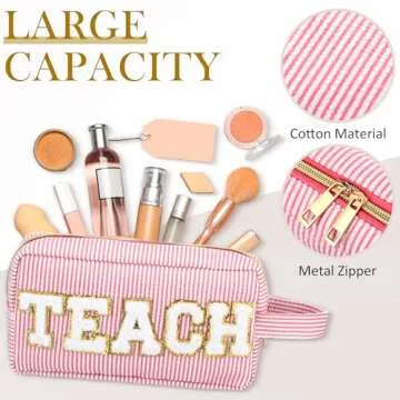 4 Pcs Teacher Appreciation Gifts Teacher Chenille Letter Bags Preppy Patch Makeup Bag Teach Letter Cosmetic Bag Stripe Toiletry Cosmetic Case Travel Zipper Pouch