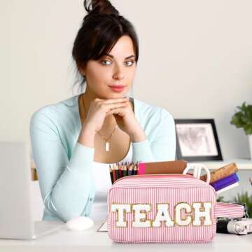 4 Pcs Teacher Appreciation Gifts Teacher Chenille Letter Bags Preppy Patch Makeup Bag Teach Letter Cosmetic Bag Stripe Toiletry Cosmetic Case Travel Zipper Pouch