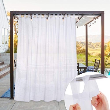 NICETOWN Extra Wide White Outdoor Sheer Curtain for Patio Waterproof, W100 x L84 Elegant Self Stick ...