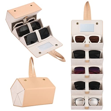 Muf Travel Sunglass Organizer, 5-Slot Leather Case for Multiple Sunglasses, with Mirror & Strap, Sto...