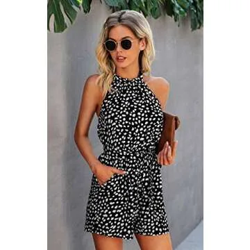 Angashion Floral Ruffle Halter Neck Romper for Women