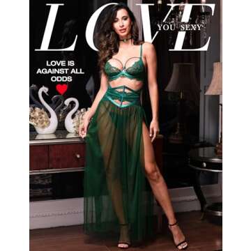 LOVE YOU SEXY Women Lace Lingerie Set with Girdle and G-String in Emerald 32B