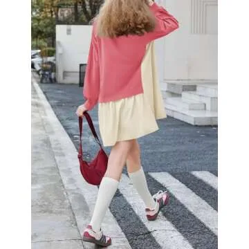 Fisoew Womens Oversized Sweatshirt Dress Long Sleeve V Neck Patchwork Casual Pullover Tops Loose Fit Mini Dresses Watermelon Red