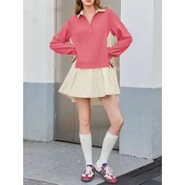 Fisoew Womens Oversized Sweatshirt Dress Long Sleeve V Neck Patchwork Casual Pullover Tops Loose Fit Mini Dresses Watermelon Red