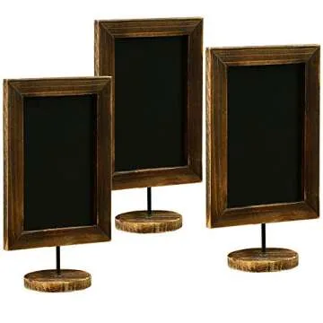 MyGift Set of 3 Tabletop Chalkboard Sign with Burnt Wood Frame and Round Base, Decorative Wedding Table Place Card Signage, Rustic Small Kitchen Countertop Memo Board