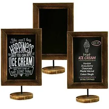 MyGift Set of 3 Tabletop Chalkboard Sign with Burnt Wood Frame and Round Base, Decorative Wedding Table Place Card Signage, Rustic Small Kitchen Countertop Memo Board