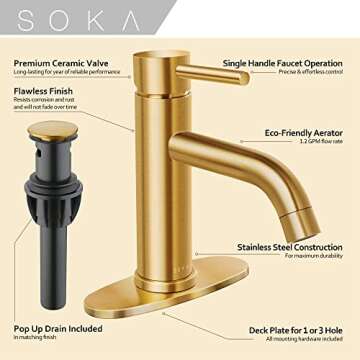 SOKA Bathroom Sink Faucet Single Handle Stainless Steel Lavatory Commercial Bathroom Faucet Bathtub Basin Vanity Faucets with Deck Plate & Pop-Up Drain Assembly Fit for 1 & 3 Hole, Gold