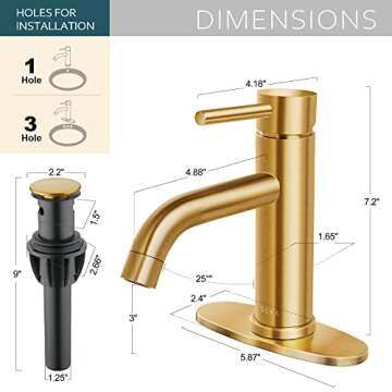 SOKA Bathroom Sink Faucet Single Handle Stainless Steel Lavatory Commercial Bathroom Faucet Bathtub Basin Vanity Faucets with Deck Plate & Pop-Up Drain Assembly Fit for 1 & 3 Hole, Gold