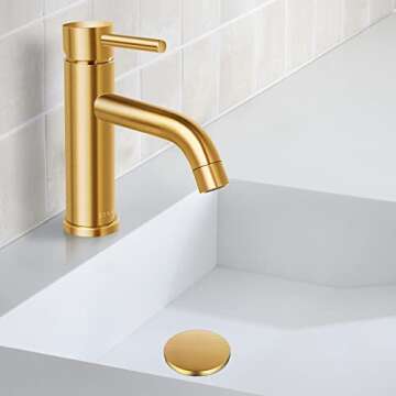 SOKA Bathroom Sink Faucet Single Handle Stainless Steel Lavatory Commercial Bathroom Faucet Bathtub Basin Vanity Faucets with Deck Plate & Pop-Up Drain Assembly Fit for 1 & 3 Hole, Gold