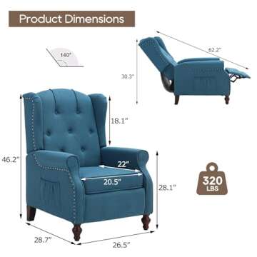 Consofa Wingback Recliner Chair with Massage and Heat, Tufted Fabric Push Back Recliner Chair for Li...