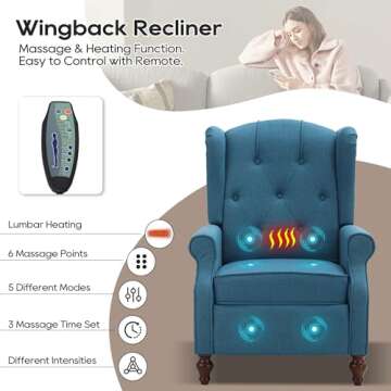 Consofa Wingback Recliner Chair with Massage and Heat, Tufted Fabric Push Back Recliner Chair for Living Room, Vintage Wingback Chair with Remote Control, Padded Cushion, Backrest, Wooden Legs