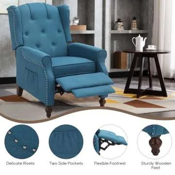 Consofa Wingback Recliner Chair with Massage and Heat, Tufted Fabric Push Back Recliner Chair for Living Room, Vintage Wingback Chair with Remote Control, Padded Cushion, Backrest, Wooden Legs