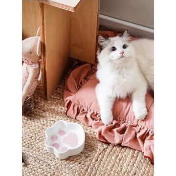 LE TAUCI Cat Bowls Ceramic, Small Cat Dishes, 8 Oz Shallow Cat Food Bowls for Indoor Cats, Relief Wh...