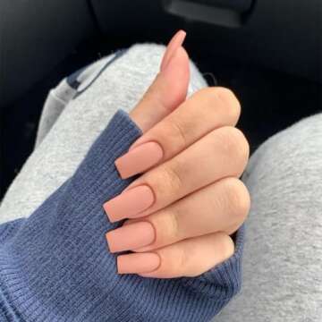 Matte Baby Pink Press on Nails Medium Long Square,KQueenest Pure Solid Colors Coffin Nails Press on ...