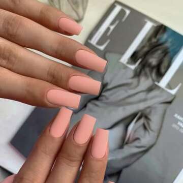 Matte Baby Pink Press on Nails Medium Long Square,KQueenest Pure Solid Colors Coffin Nails Press on Acrylic Fake Nails Natural Thick Glue on Nails,DIY Salon Manicure Nail Art Design Gifts for Girls.