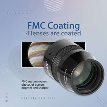 SVBONY SV216 2X Barlow Lens, 1.25inch FMC 4-Elements APO Apochromatic Barlow, Double Magnification Telescope Accessories for Planetary Visual and Photography