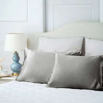 Bedsure Standard Size Satin Pillowcase for Hair and Skin Silver Grey Pillow case Set of 2 Envelope C...