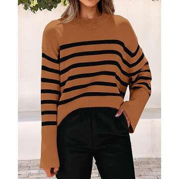 KIRUNDO Women's Striped Knit Oversized Fall Sweaters 2025 Trendy Clothes Crewneck Winter Pullover Sweater Side Split(Brown, Large)