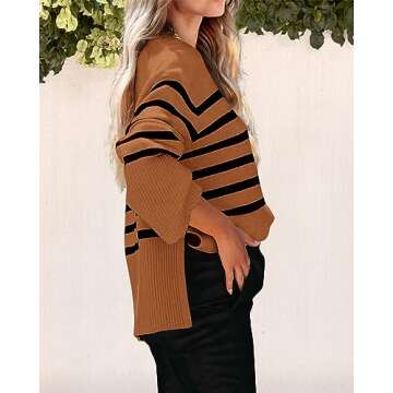 KIRUNDO Women's Striped Knit Oversized Fall Sweaters 2025 Trendy Clothes Crewneck Winter Pullover Sweater Side Split(Brown, Large)